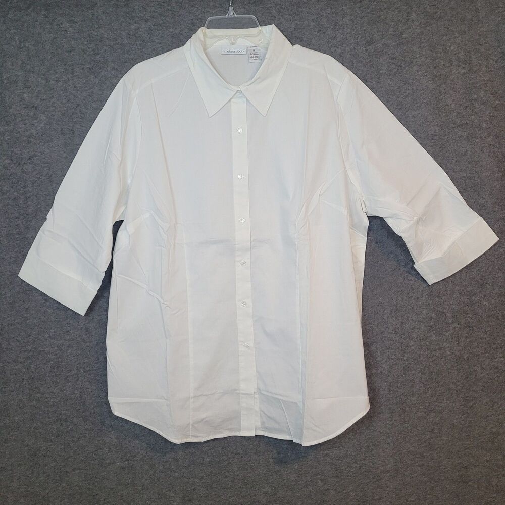 Chelsea Studio Top White Button Up Womens 1X Cuff Sleeve Stretch Classic Office